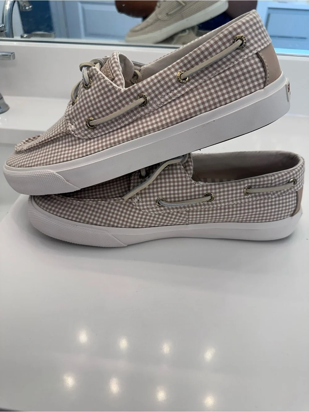 Sperry Tan Gingham Canvas Boat Shoes mens